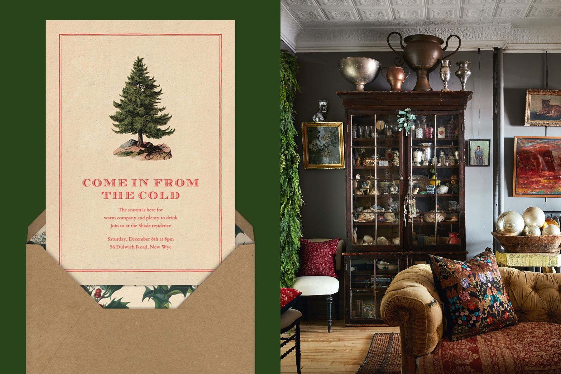Left: A holiday invitation featuring a vintage tree illustration. Right: A corner of John Derian’s home decorated for the holidays.