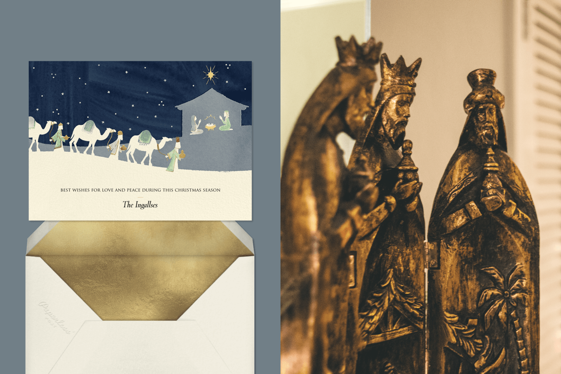 A card shows an illustration of three men leading camels to the nativity scene at night. Right: Bronze sculptures of the Three Wise Men. 
