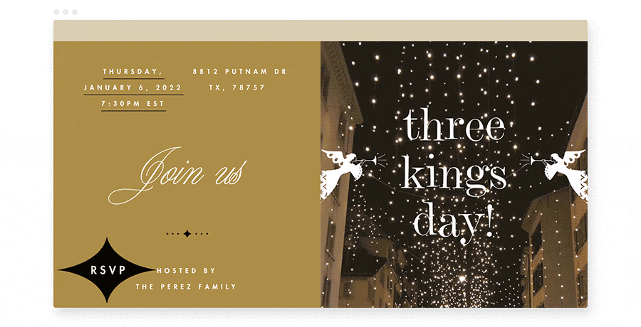  A holiday party invitation with angels trumpeting and celestial snow falling. 