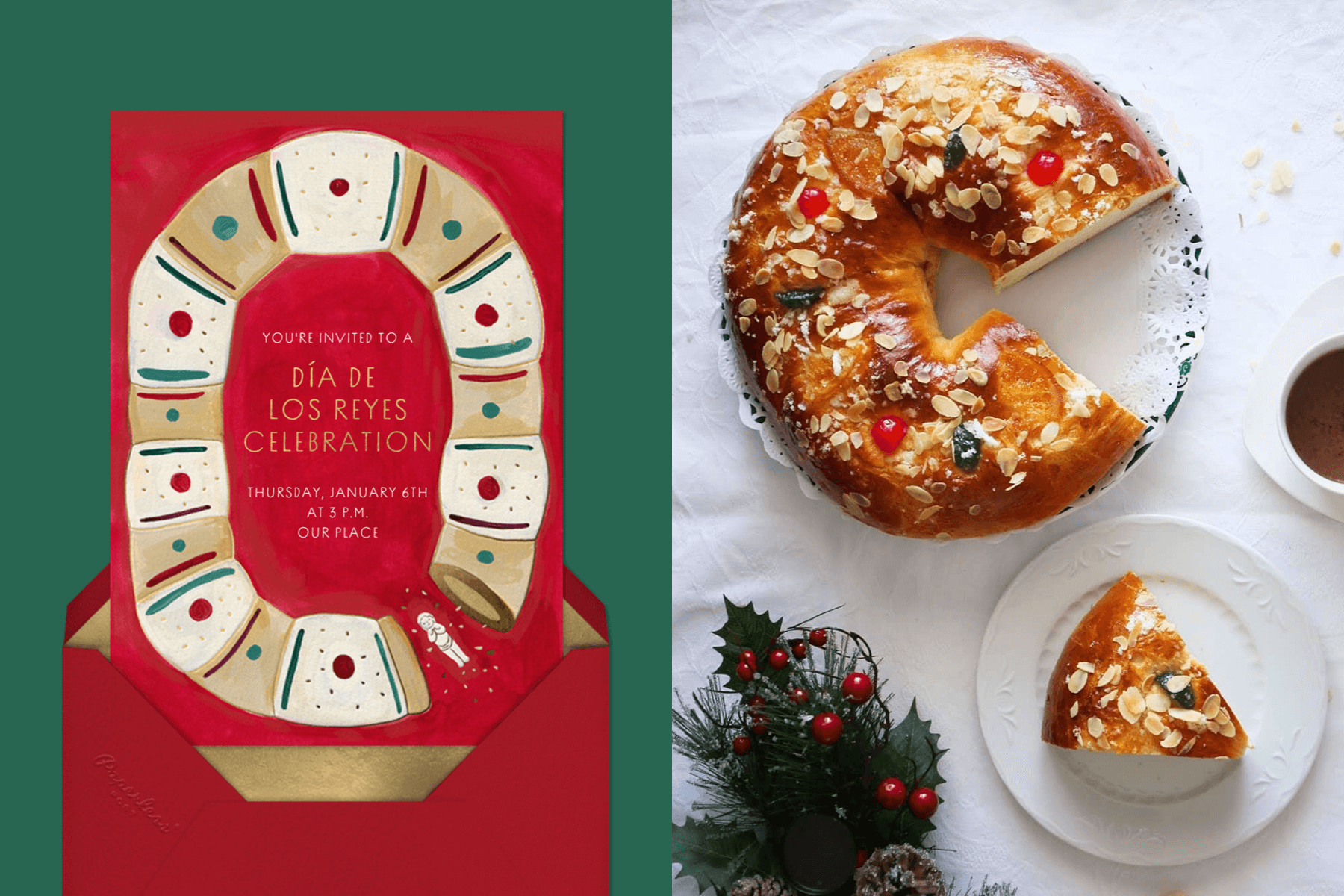 left: A red holiday party invitation shows an illustrated roscón de Reyes with a small baby figurine falling out. Right: A roscón de Reyes with a slice cut out. 