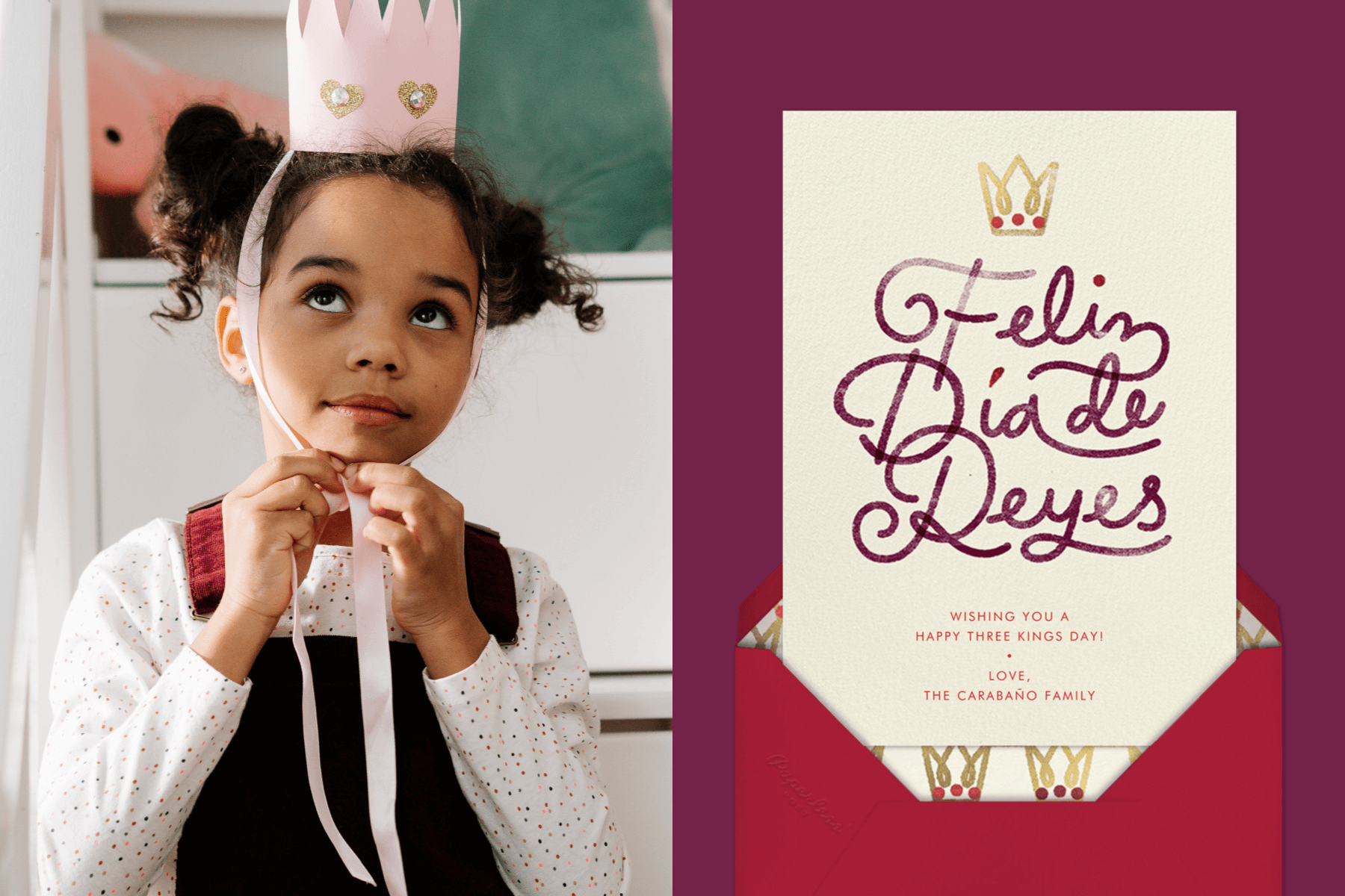 left: A young girl ties a paper crown onto her head. Right: A Dia de Reyes card with a small crown and script. 