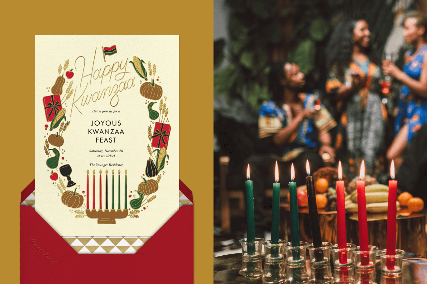 Left: A Kwanzaa invitation featuring a Kinara candleholder and other symbolic items. | Right: Close up shot of a Kinara candleholder with people celebrating in the soft-focus background.