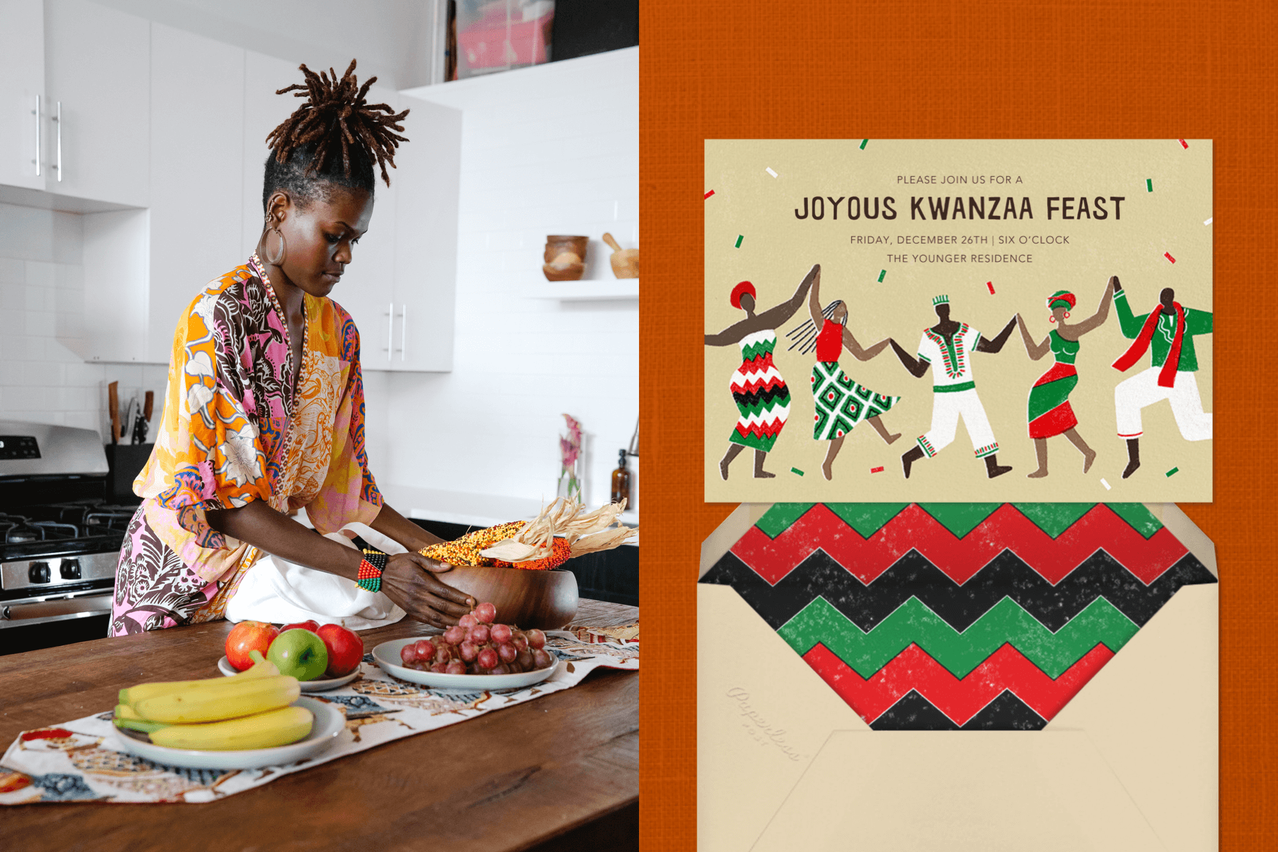 Left: A woman prepares a Kwanzaa table. | Right: A Kwanzaa invitation featuring an illustration of people dancing in African clothing.