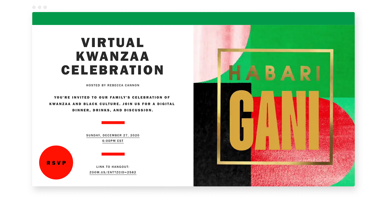 Animated image of a Kwanzaa invitation Flyer featuring green, black, and red graphics and gold type.