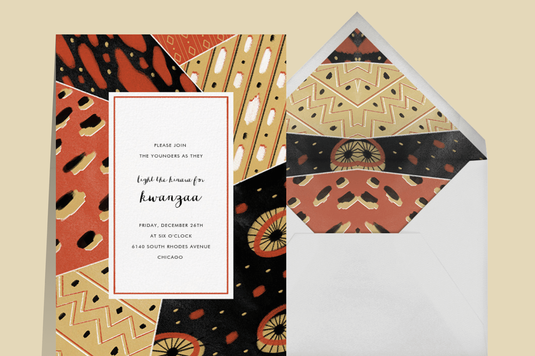 Kwanzaa invitation featuring a dashiki patchwork print in red, black, and tan.