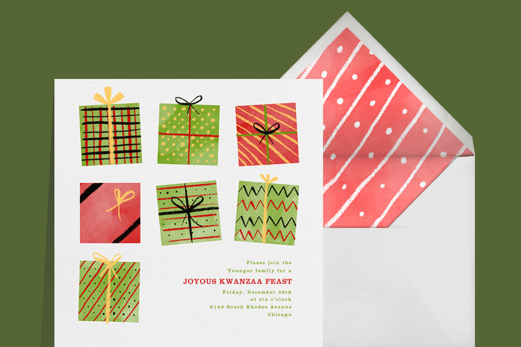 Kwanzaa invitation featuring illustrations of wrapped gifts.