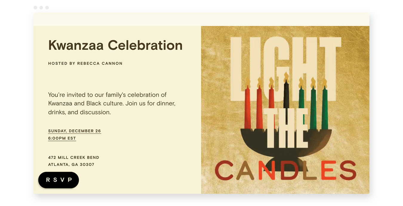 An animated Kwanzaa Flyer invitation featuring an illustration of a Kinara candleholder.