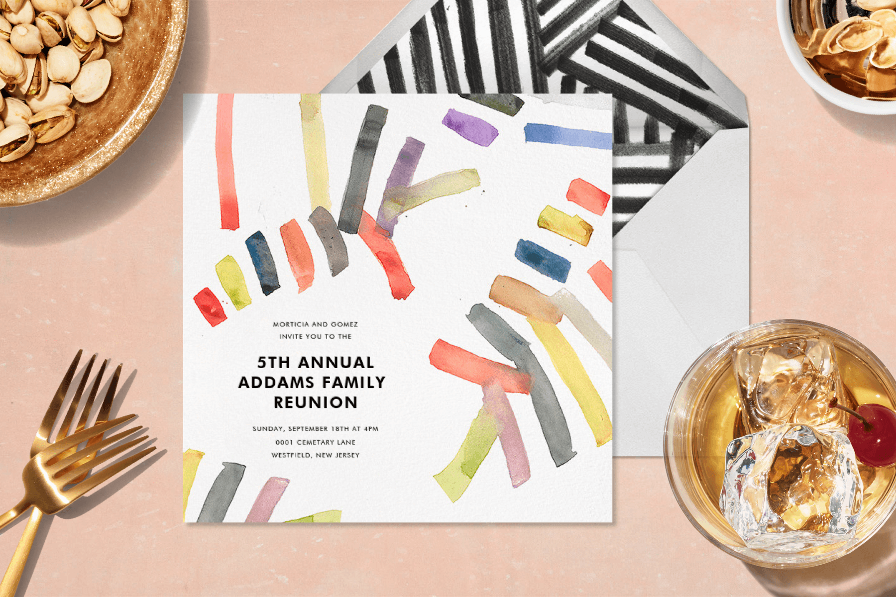 A digital invitation with graphic lines surrounded by food and drinks.