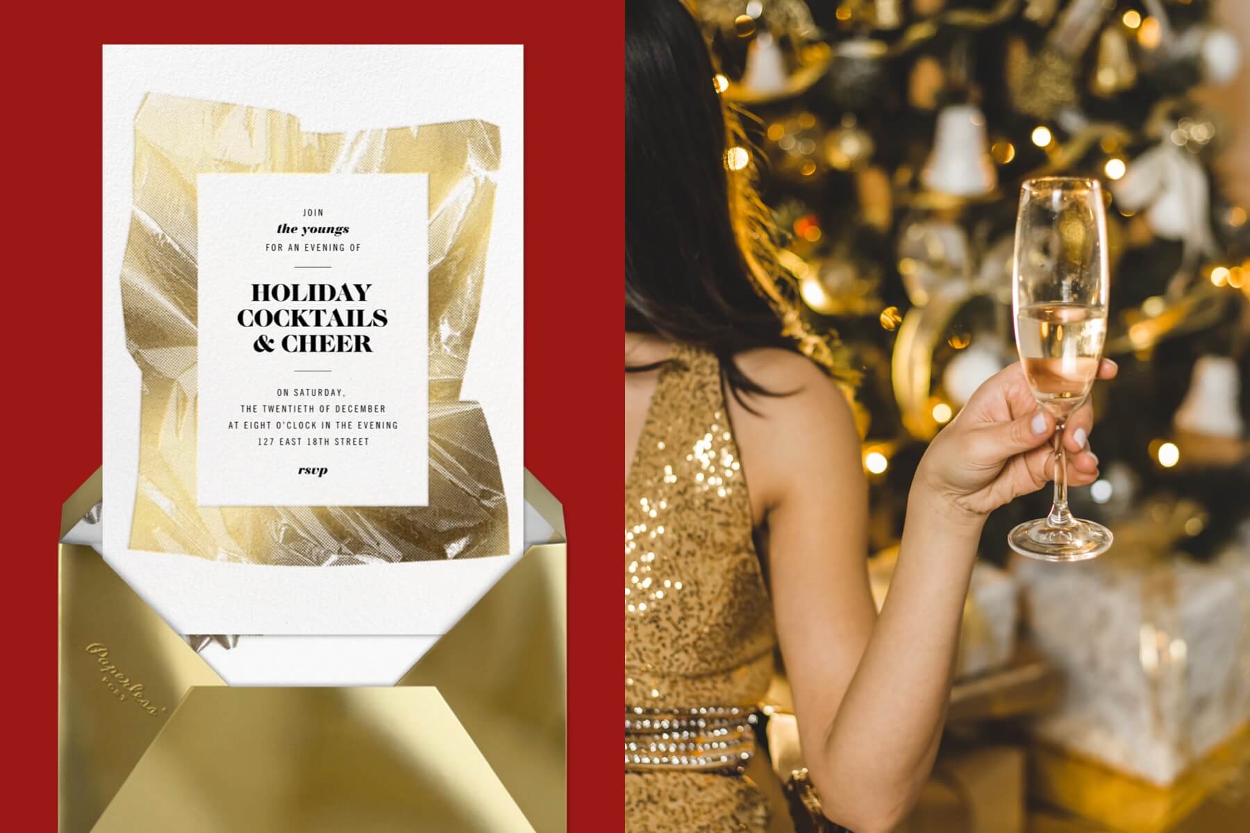 left: A holiday party invitation with gold foil in a gold envelope. Right: A person holds a champagne flute in front of a Christmas Tree. 