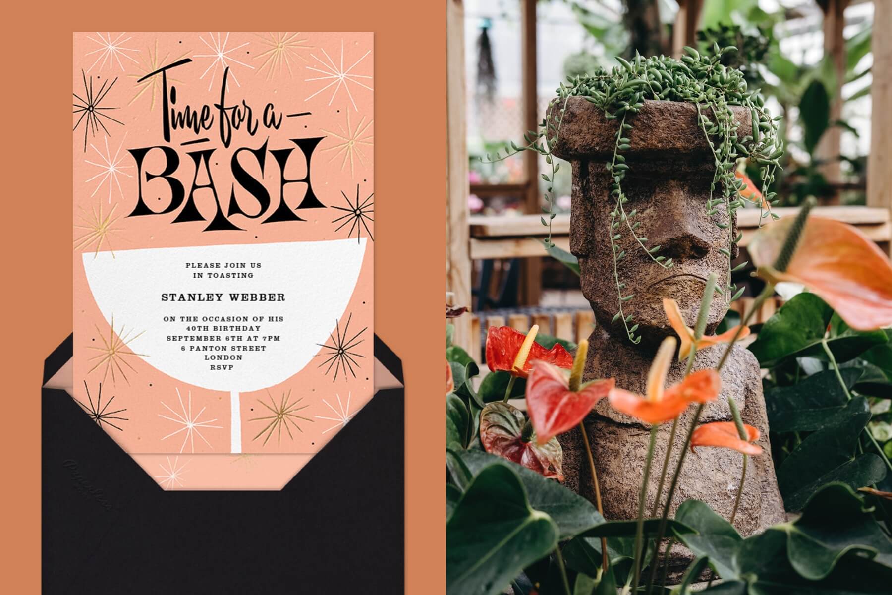  left: A pink party invitation with retro lettering and an abstract coupe glass. Right: A Moai-style planter growing succulents. 
