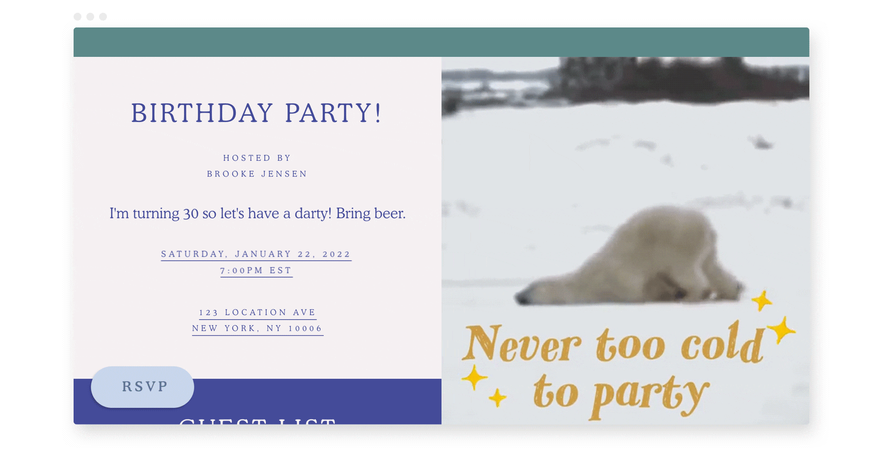 A Flyer invitation with a polar bear lying on snow. 