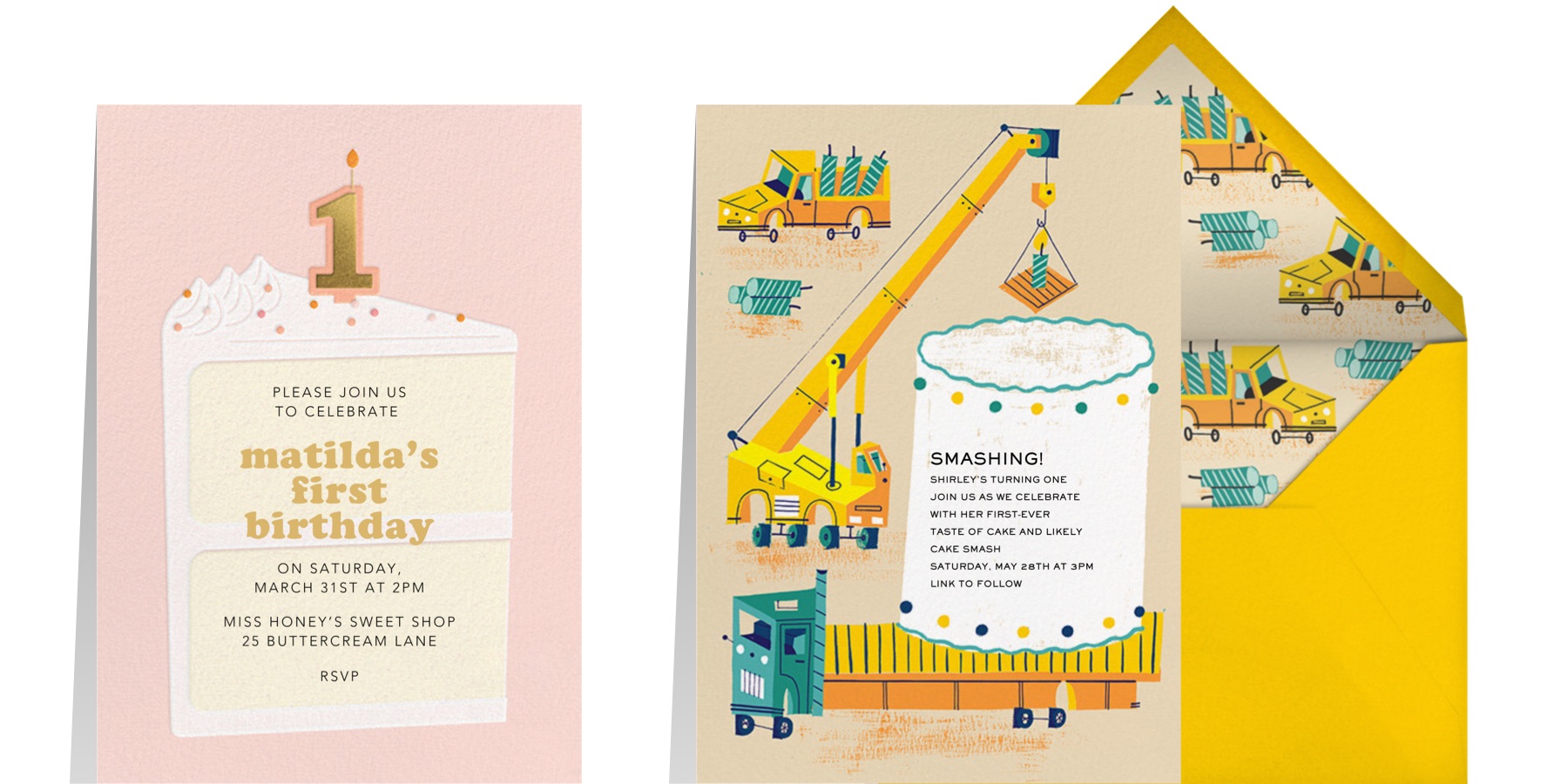Left: “Gold Candle - Meringue” by Paperless Post | Right: “Under Construction” by Paperless Post