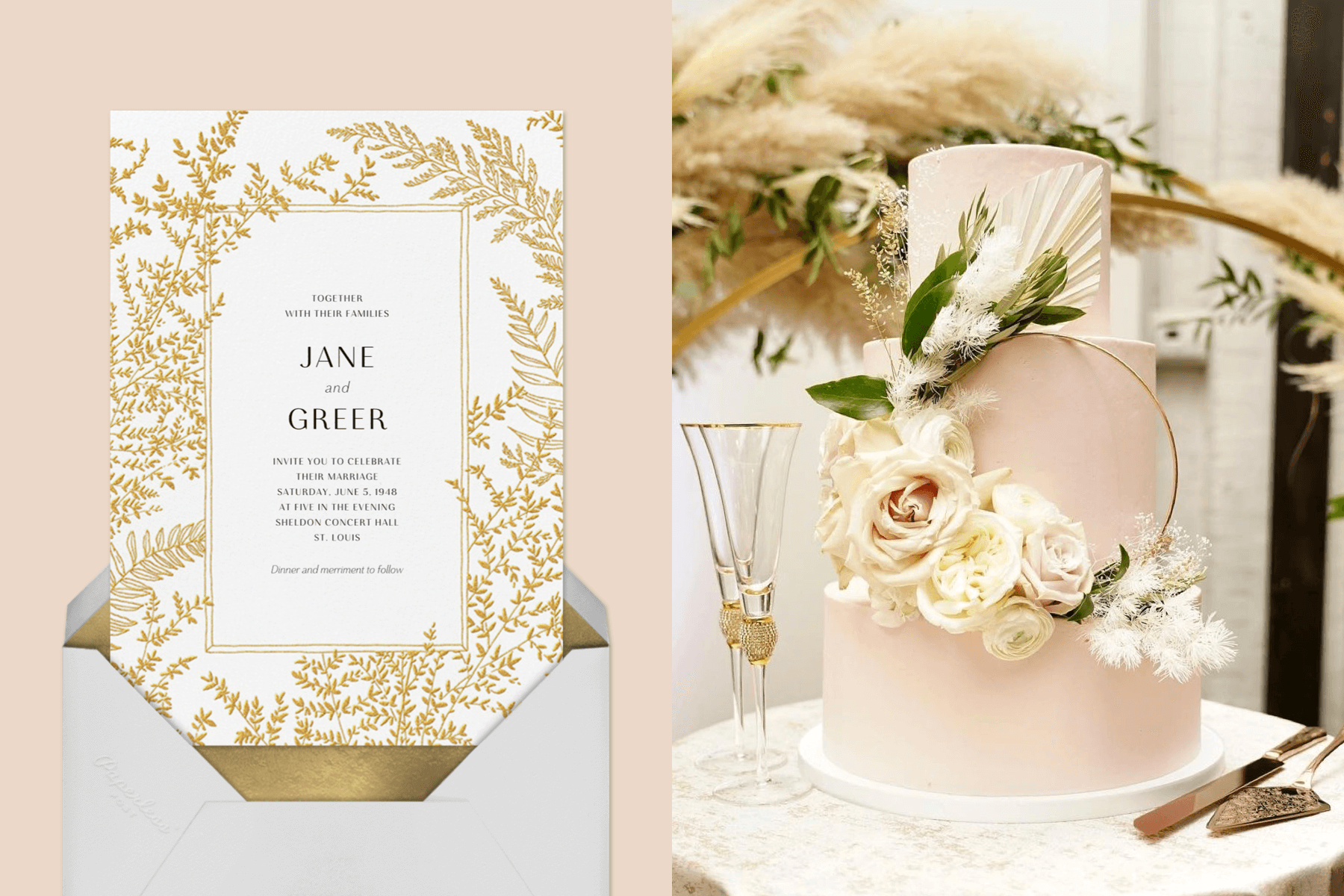 left: A wedding invitation with a border of gold ferns. Right: A pink three-tiered cake decorated with pale roses. 