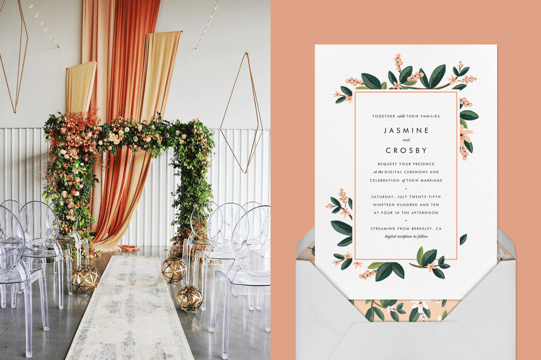 left: A wedding arbor covered in flowers and greenery with acrylic chairs on each side of the aisle. Right: A white wedding invitation with illustrated pink flowers and leaves around the border. 