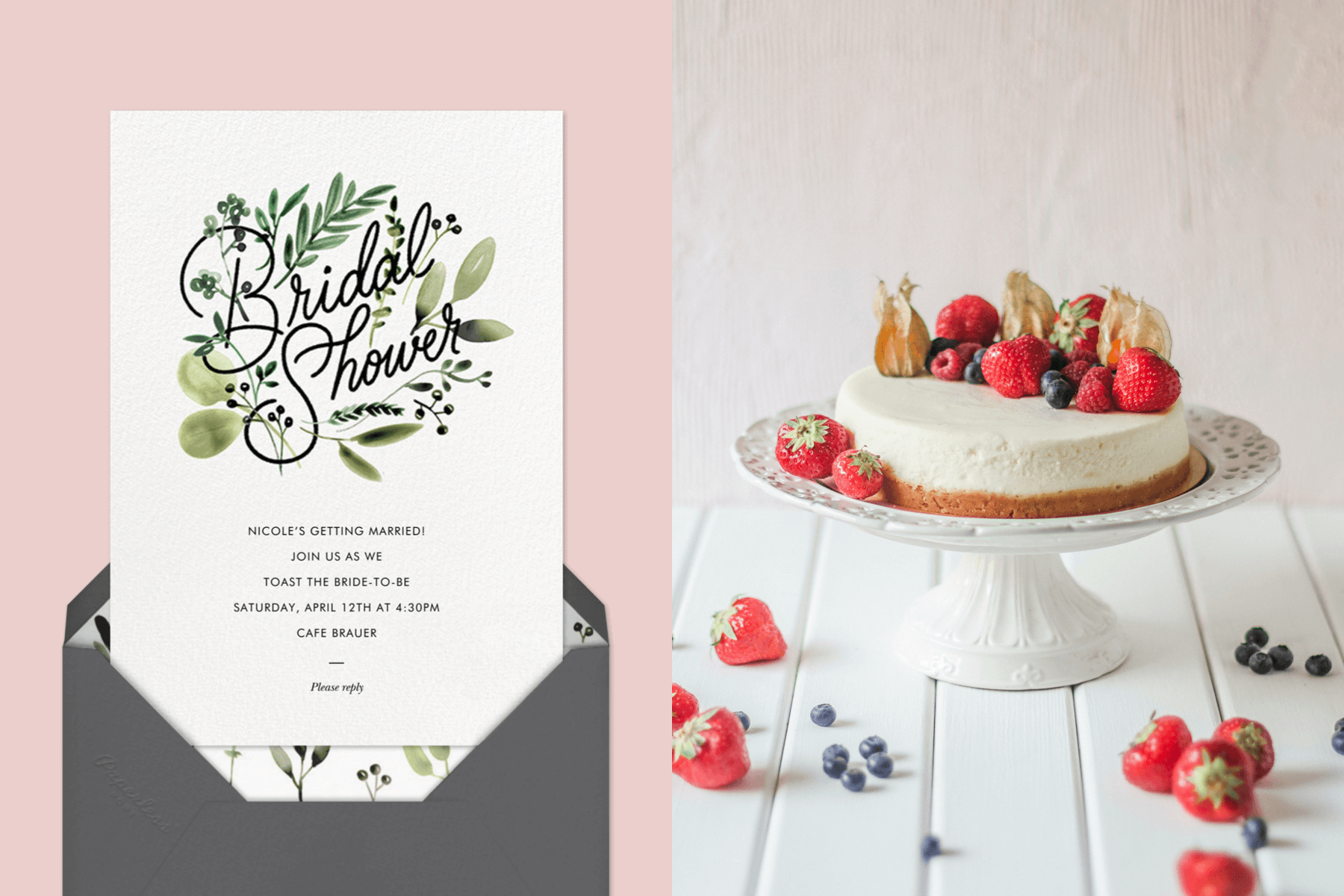A white bridal shower invitation with illustrated green leaves. Right: A small cake with berries on a cake stand.