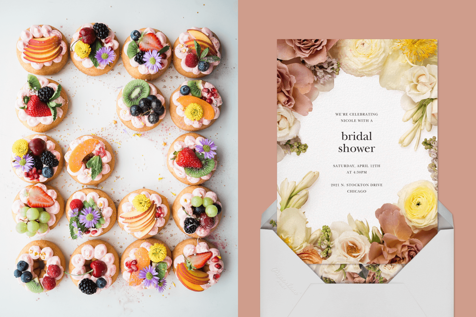 left: Dessert doughnuts decorated with cream, fruit, and flowers. Right: A bridal shower invitation with a border of large photographed flowers.