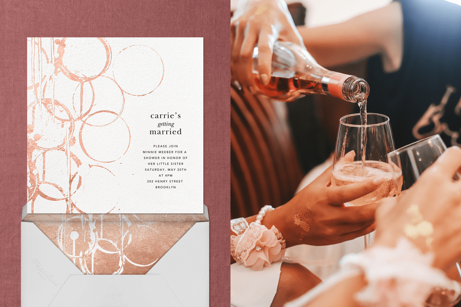 left: A bridal shower invitation with abstract ring shapes. Right: Rosé wine is poured into a wine glass.