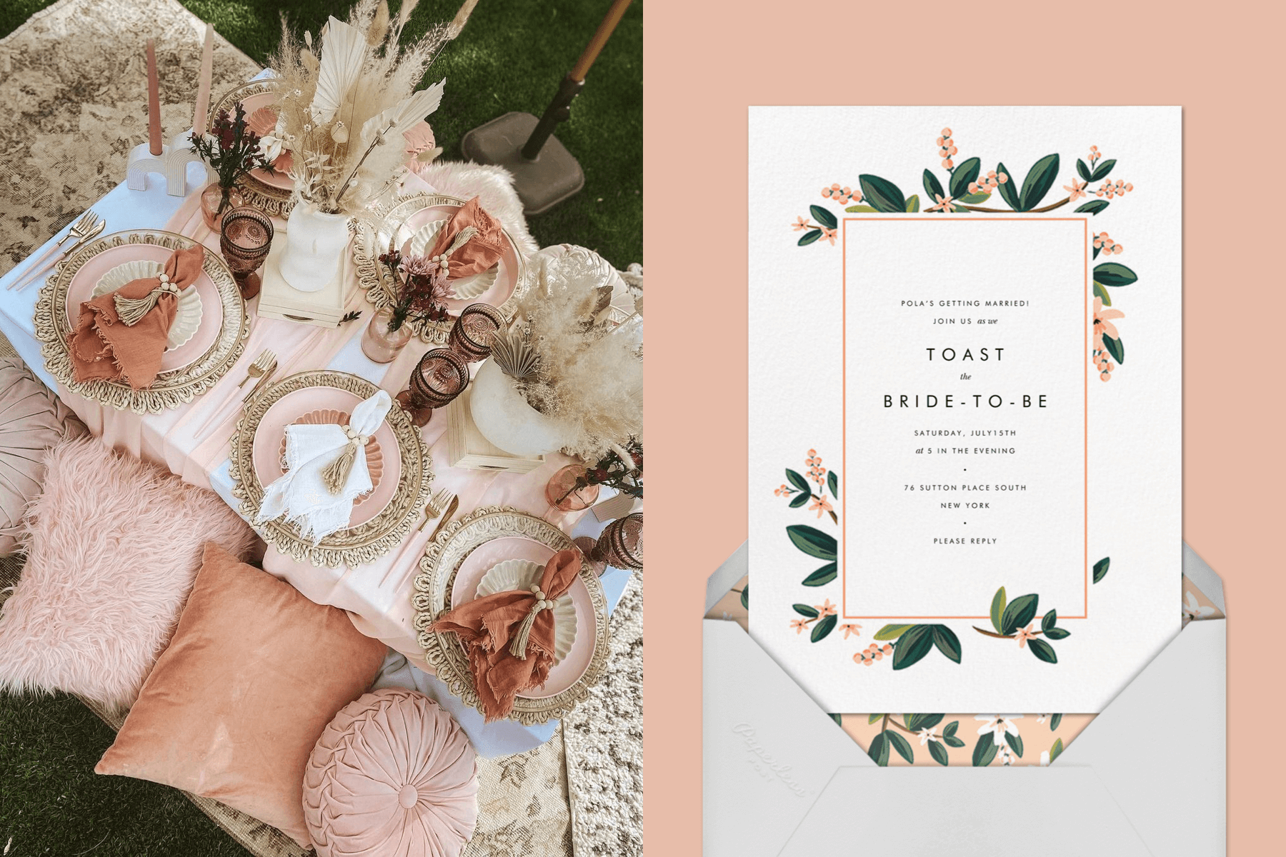 left: A boho-style picnic for six with a blush pink palette. Right: A bridal shower invitation with a thin border of illustrated small pink flowers and green leaves.