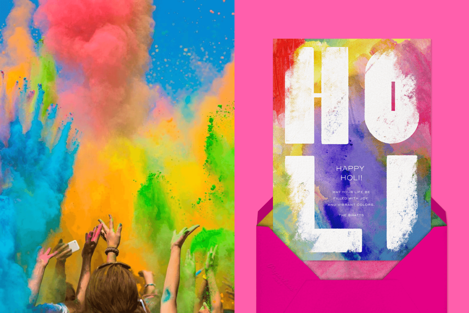 Left: Hands throwing colored powder in the air; Right: A Holi invitation with a tie dye effect.