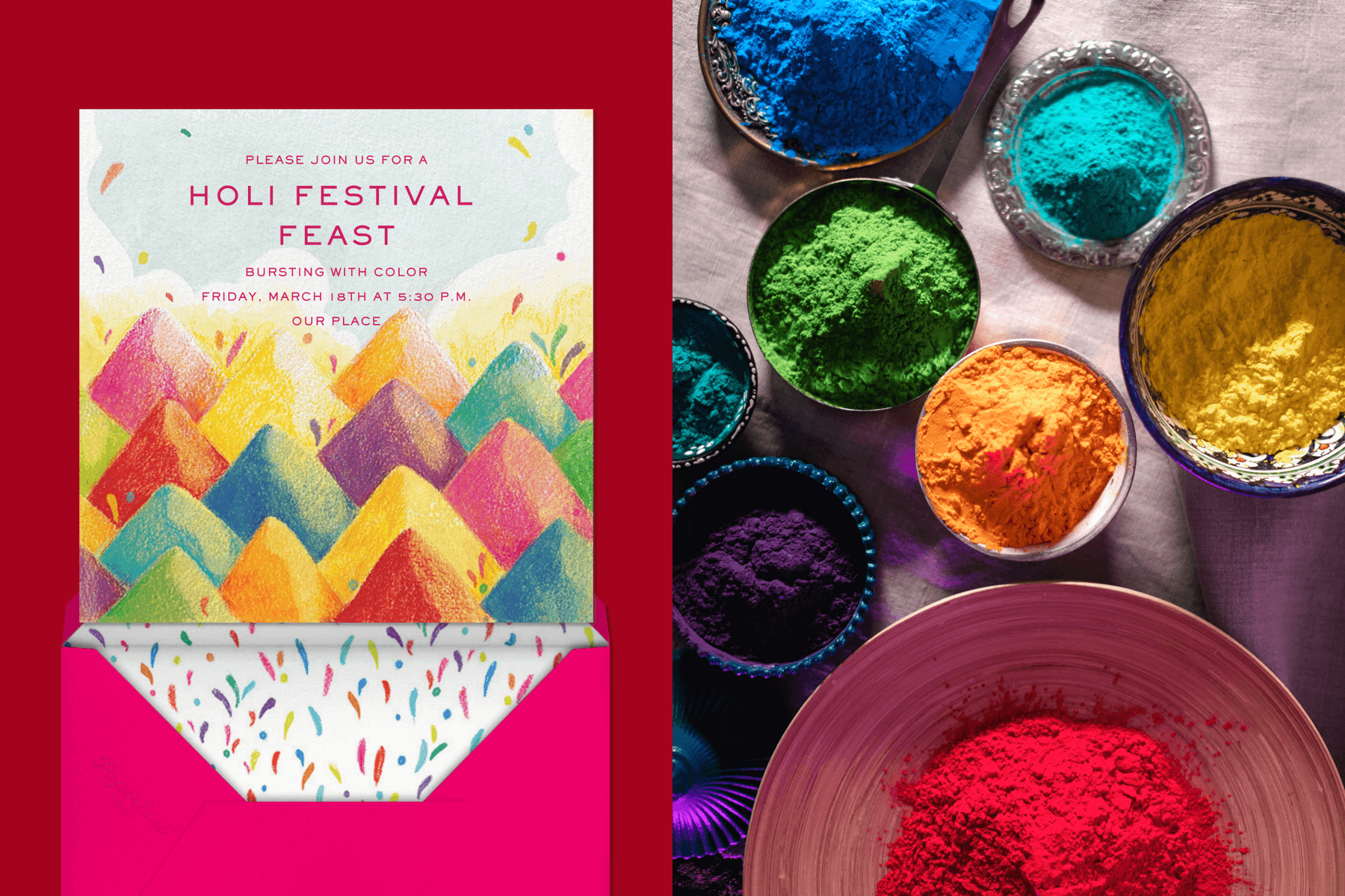 Left: A Holi invitation featuring mounds of colored powder; Right: Overhead view of bowls of brightly colored powder.