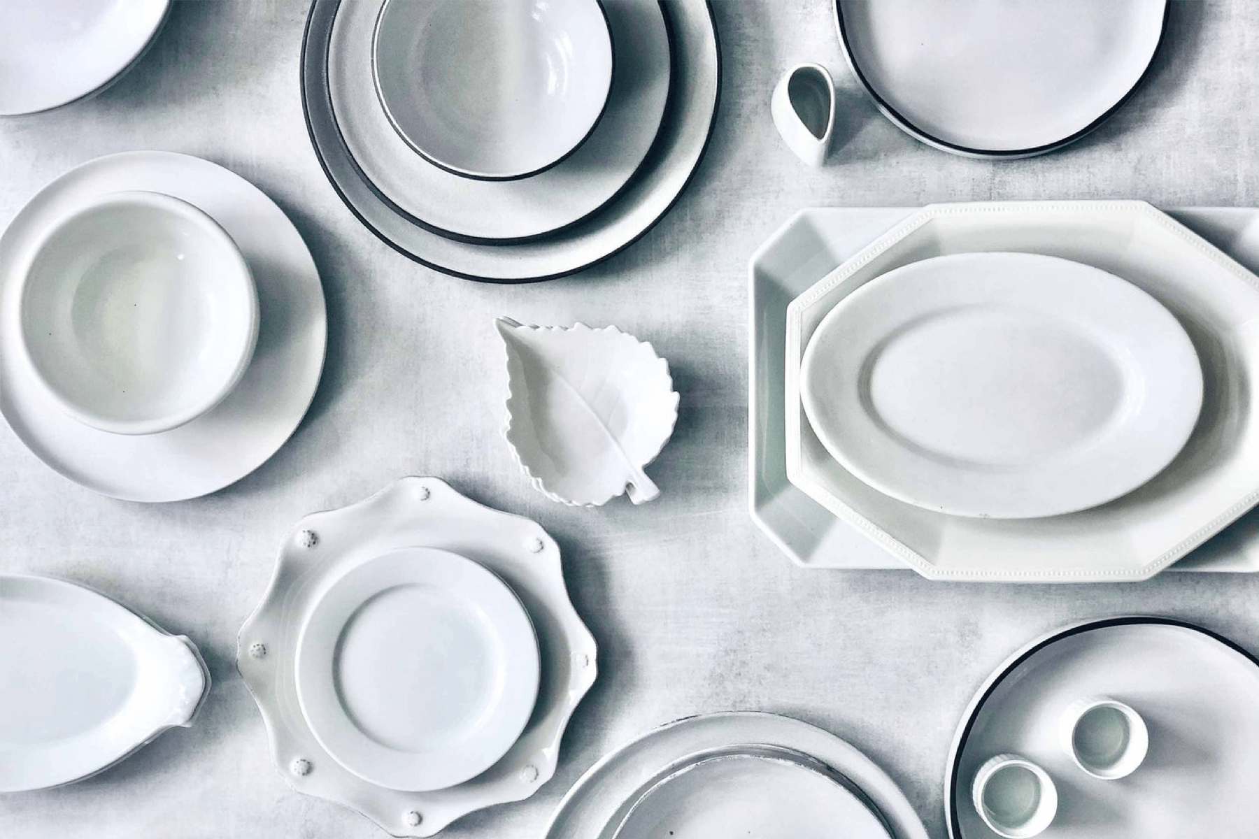 White dishes in many shapes and sizes.