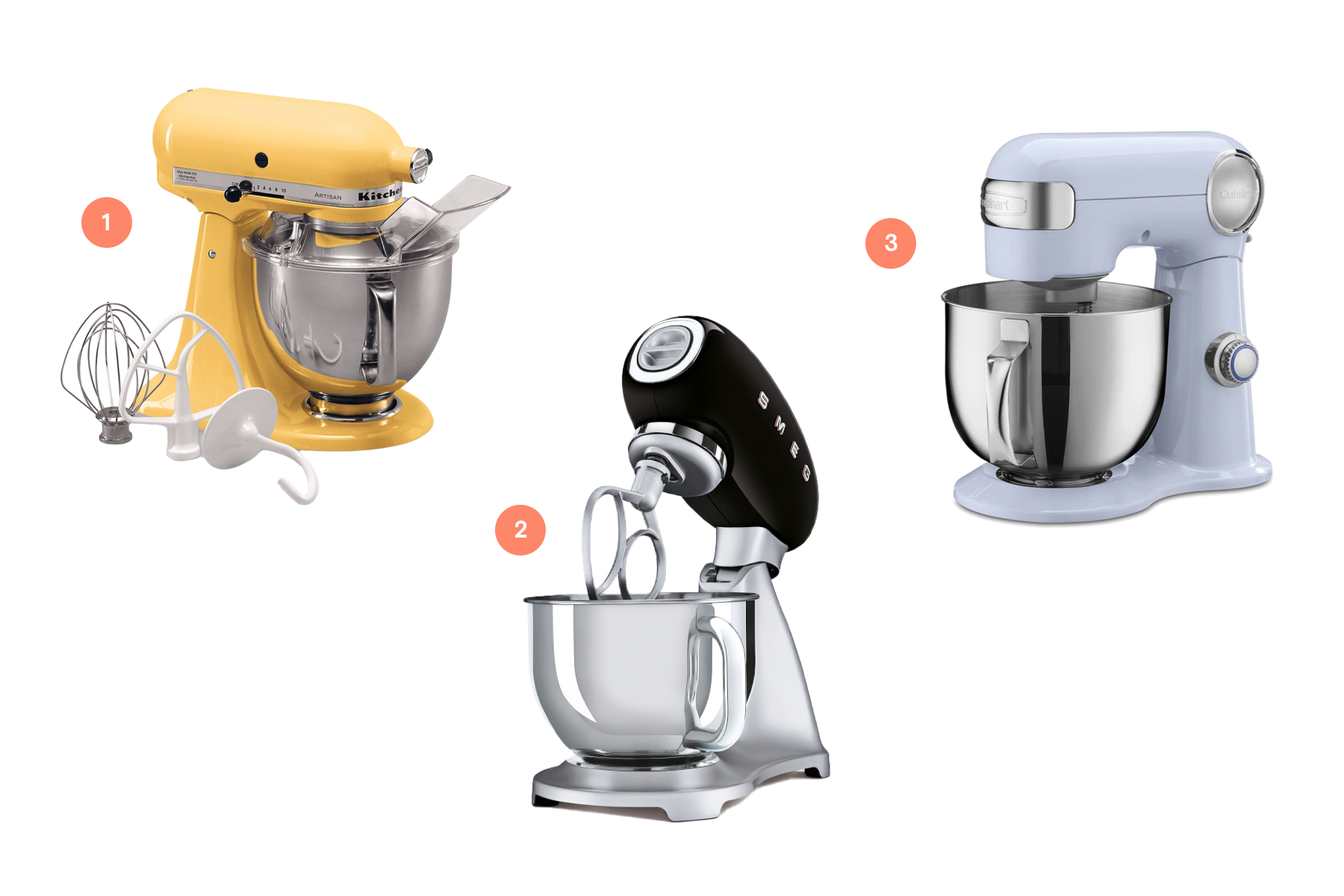 Three standing mixer options, as recommended by the article.