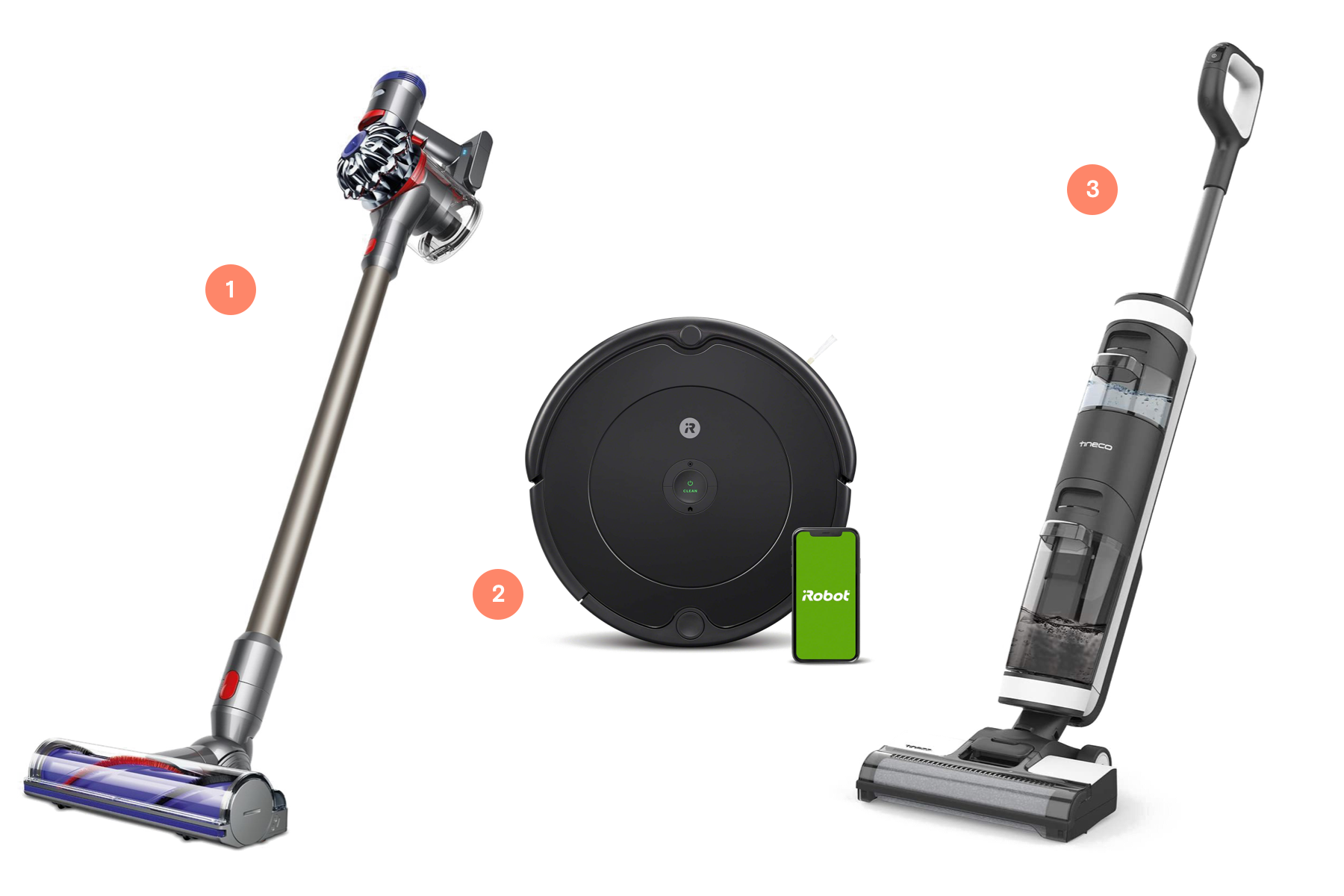 Three vacuum cleaners, as recommended by the article.