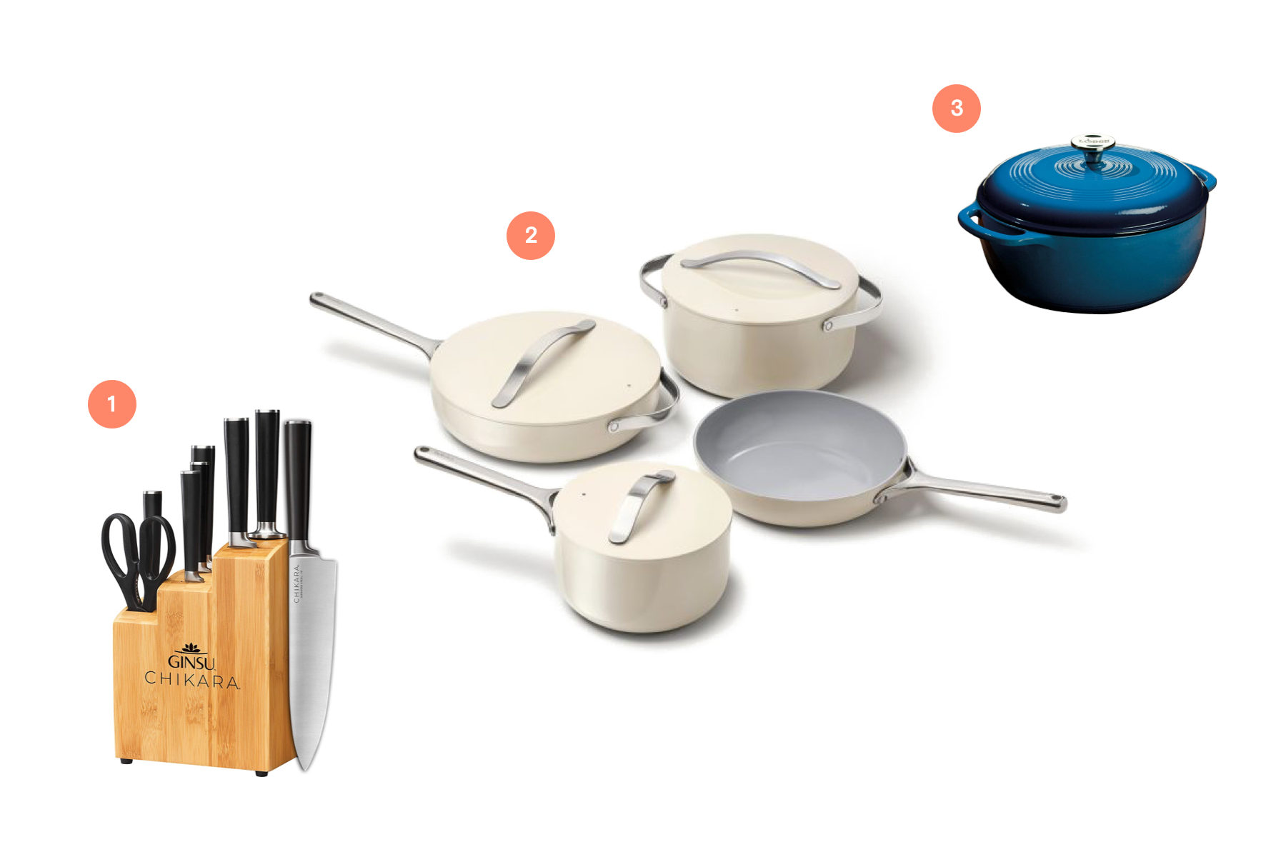 A set of knives, a set of cookware, and a baking dish as recommended by the article.