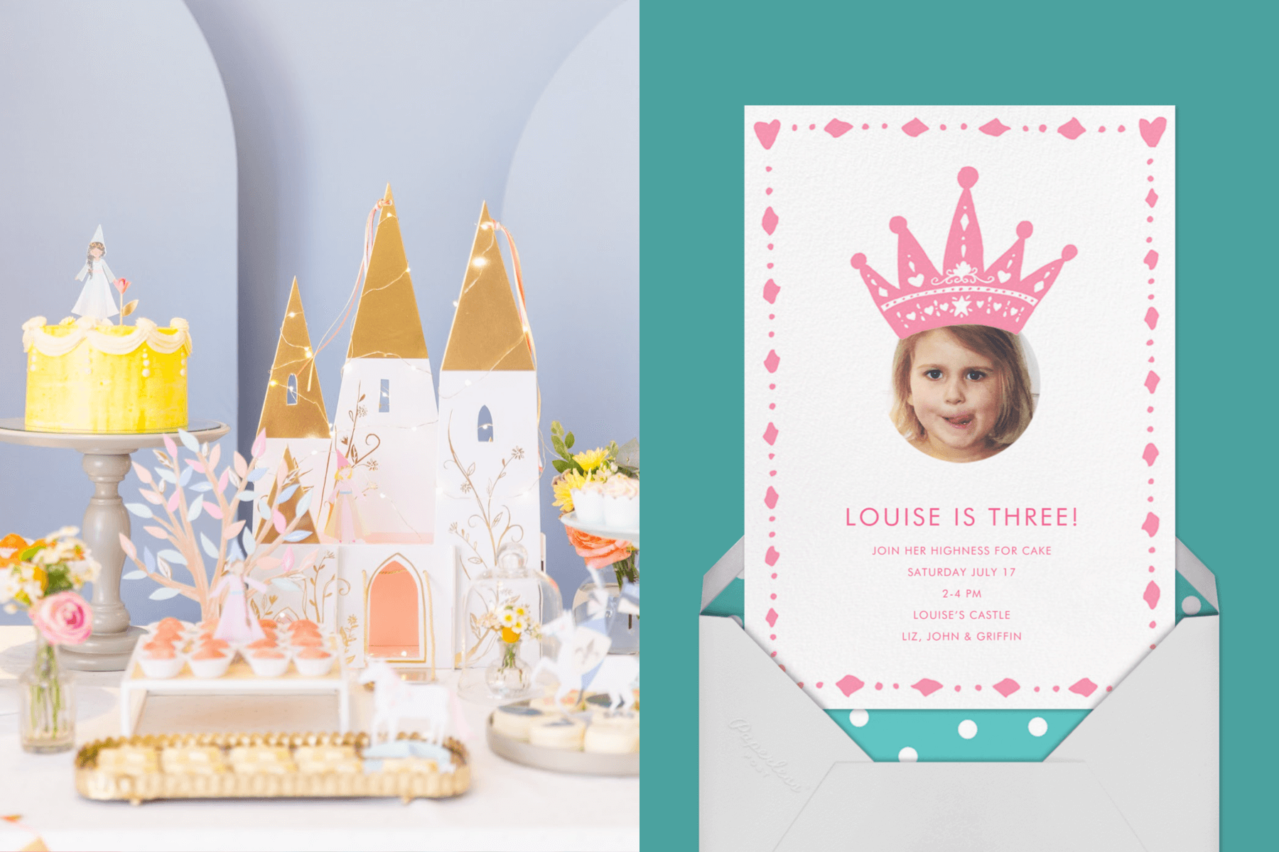 Left: A castle and princess-themed tablescape with twinkle lights and a yellow cake. Right: A birthday invitation with a photo of a young child’s face and an illustrated pink crown.