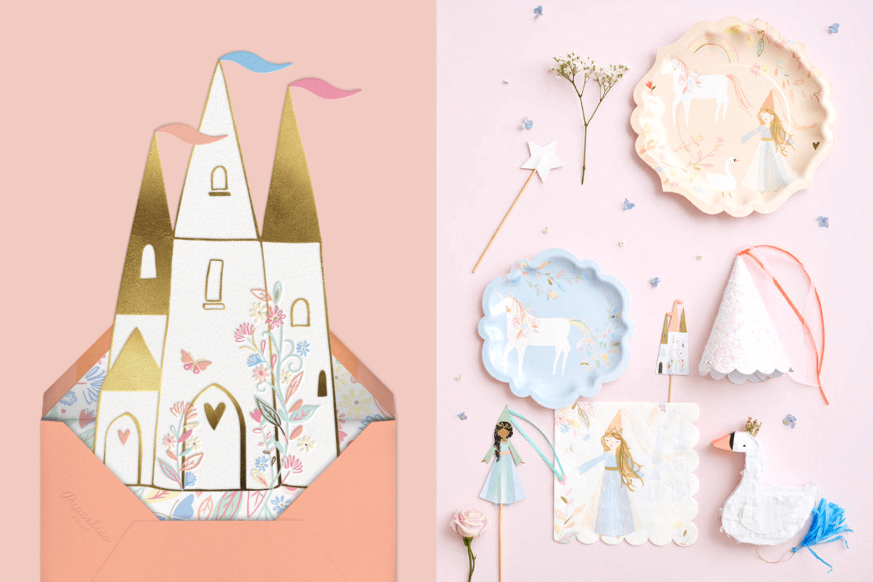 Left: A birthday invitation shaped like a castle with gold foil. Right: Children’s princess party plates, napkins, and cake toppers.