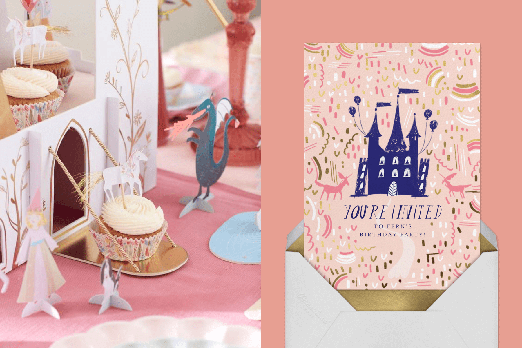 Left: A cupcake with a unicorn cake topper sits on the drawbridge of a miniature castle. Right: A pink birthday party invitation with a blue castle and balloons in the center.