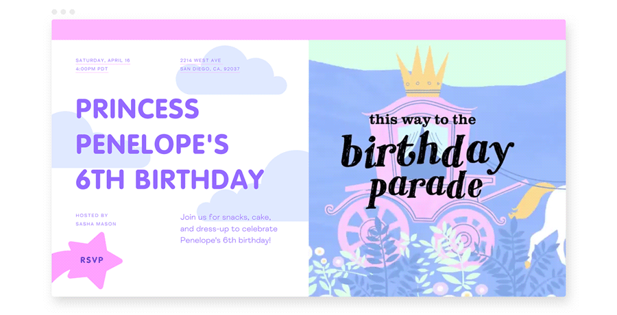 An online birthday invitation shows a horse-drawn carriage with pastel colors.