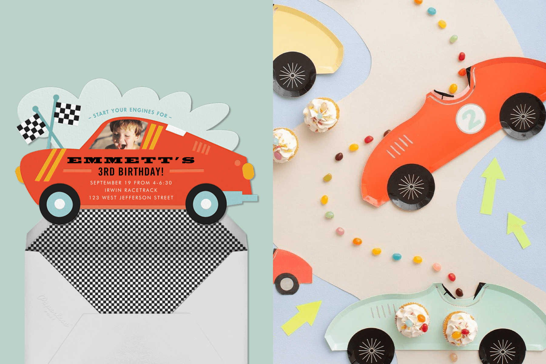 left: A red race car-shaped birthday invitation. Right: Race car-shaped party plates. 