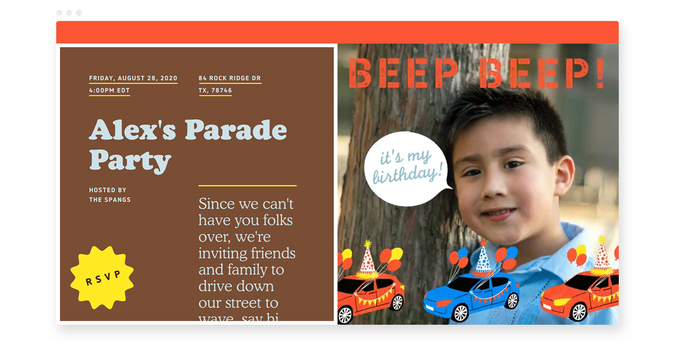 A birthday invitation with a photo of a child and a GIF of colorful cars wearing balloons and birthday hats. 