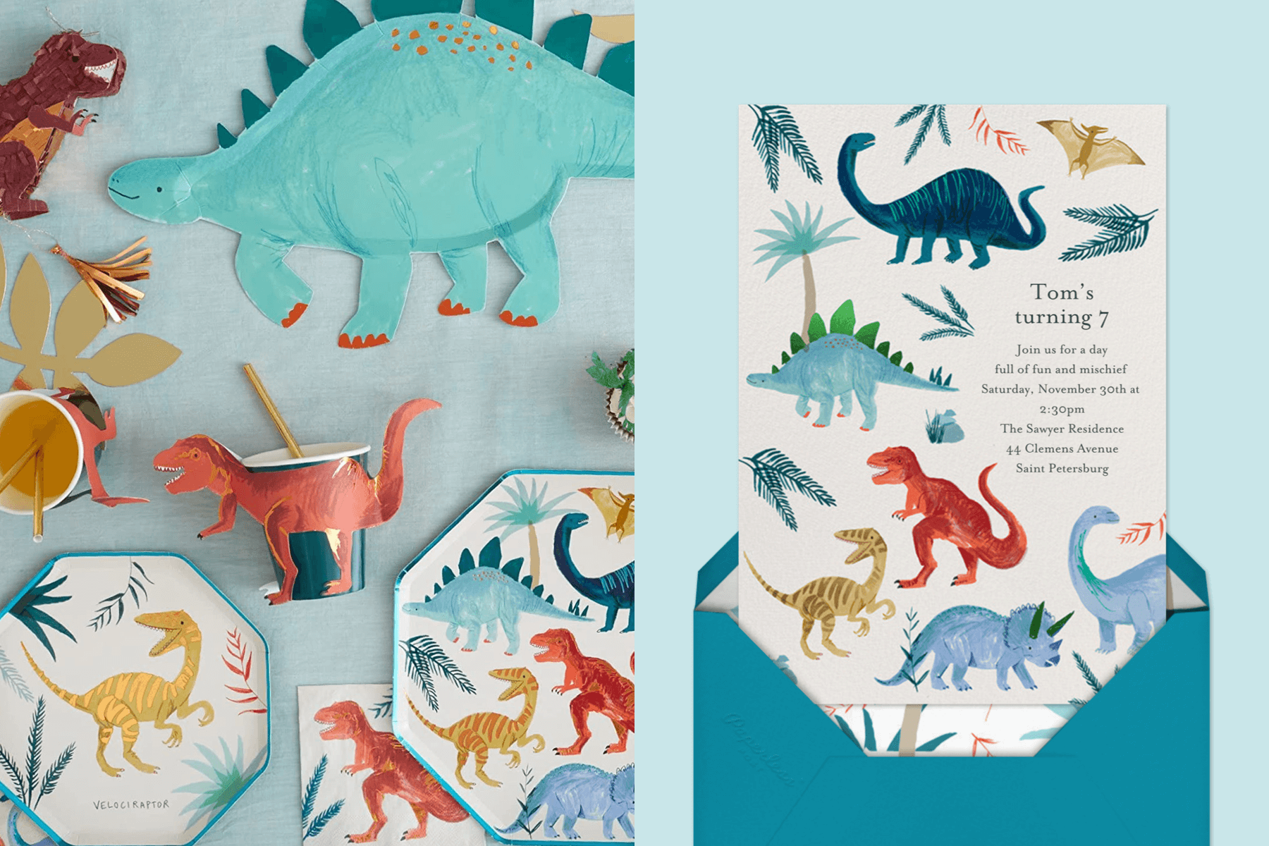 Left: Dinosaur party cups and plates. Right: A party invitation with colorful dinosaurs.