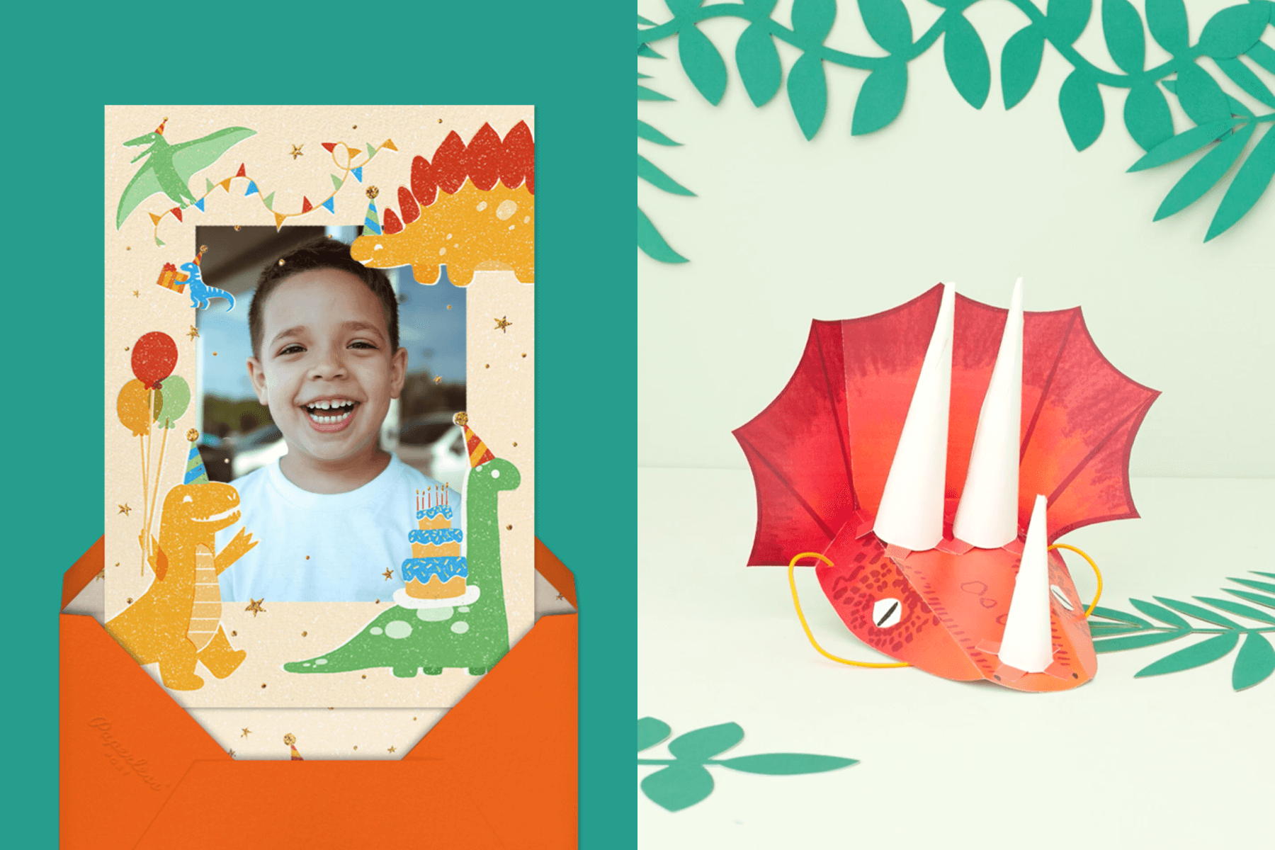 left: An invitation with a photo of a child and a border of dinosaurs in party hats. Right: A red Triceratops-shaped party hat.