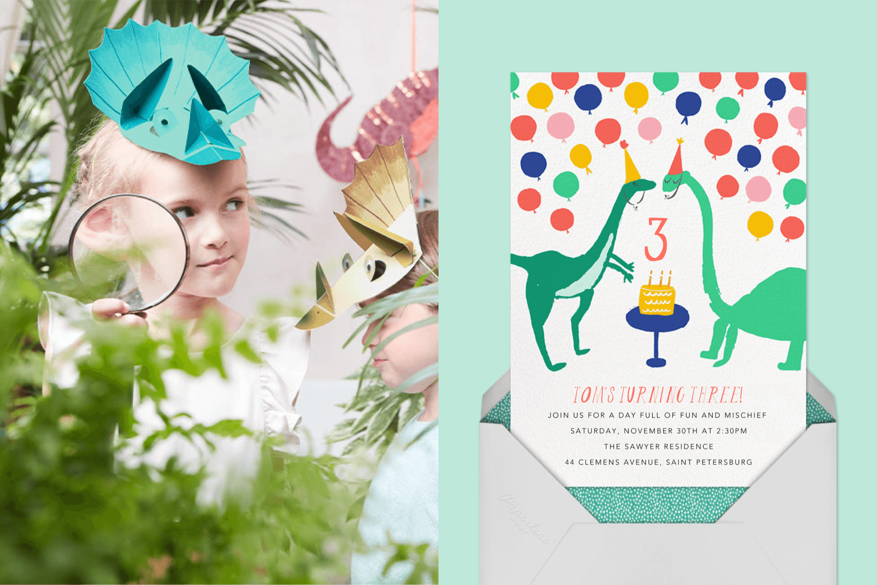 left: A child wears a dinosaur party hat. Right: An invitation with two Brontosauruses surrounded by balloons.