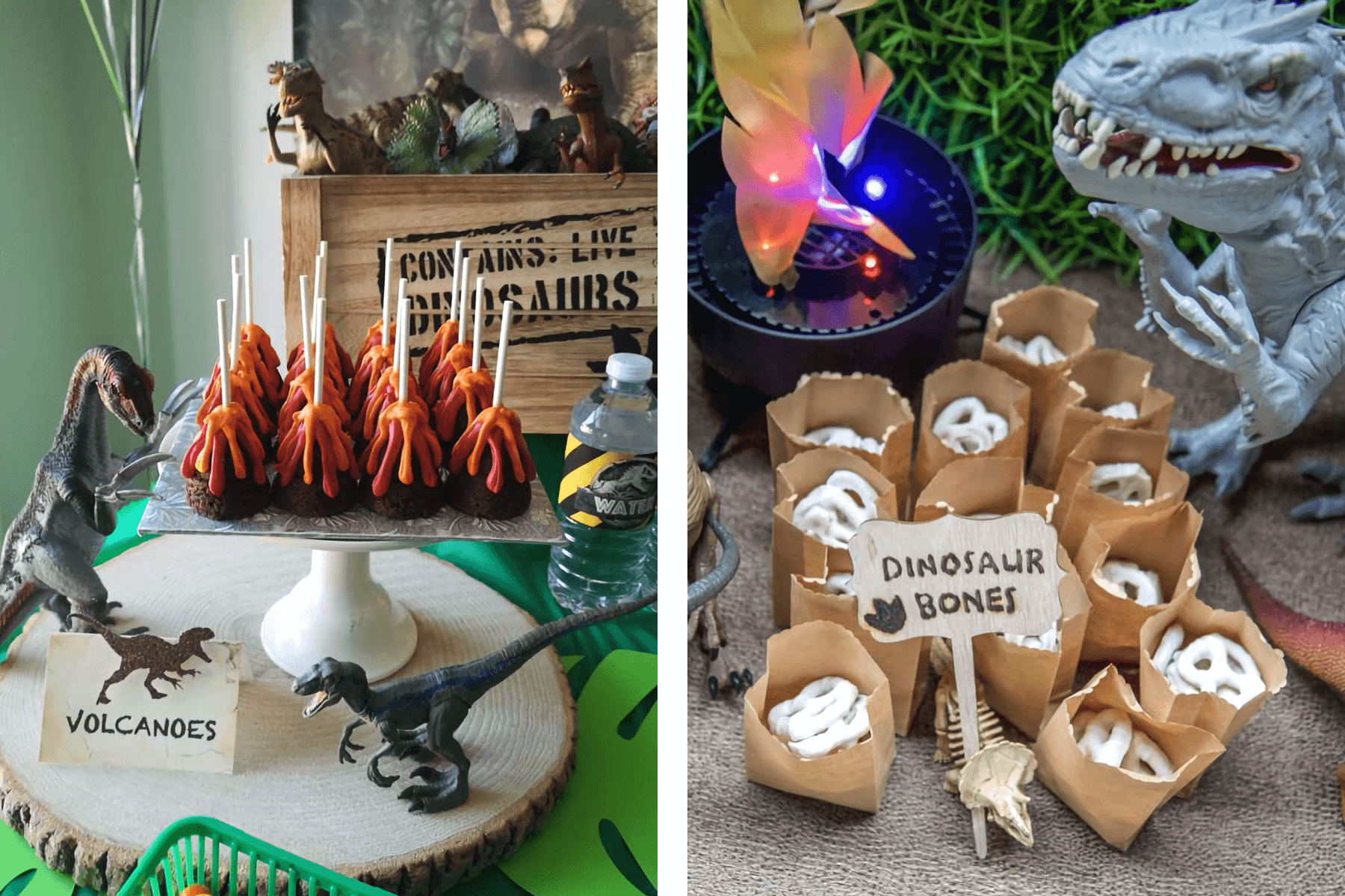 Left: Volcano-shaped cake pops and dinosaur figurines. Right: White chocolate-covered pretzels labeled “dinosaur bones.”