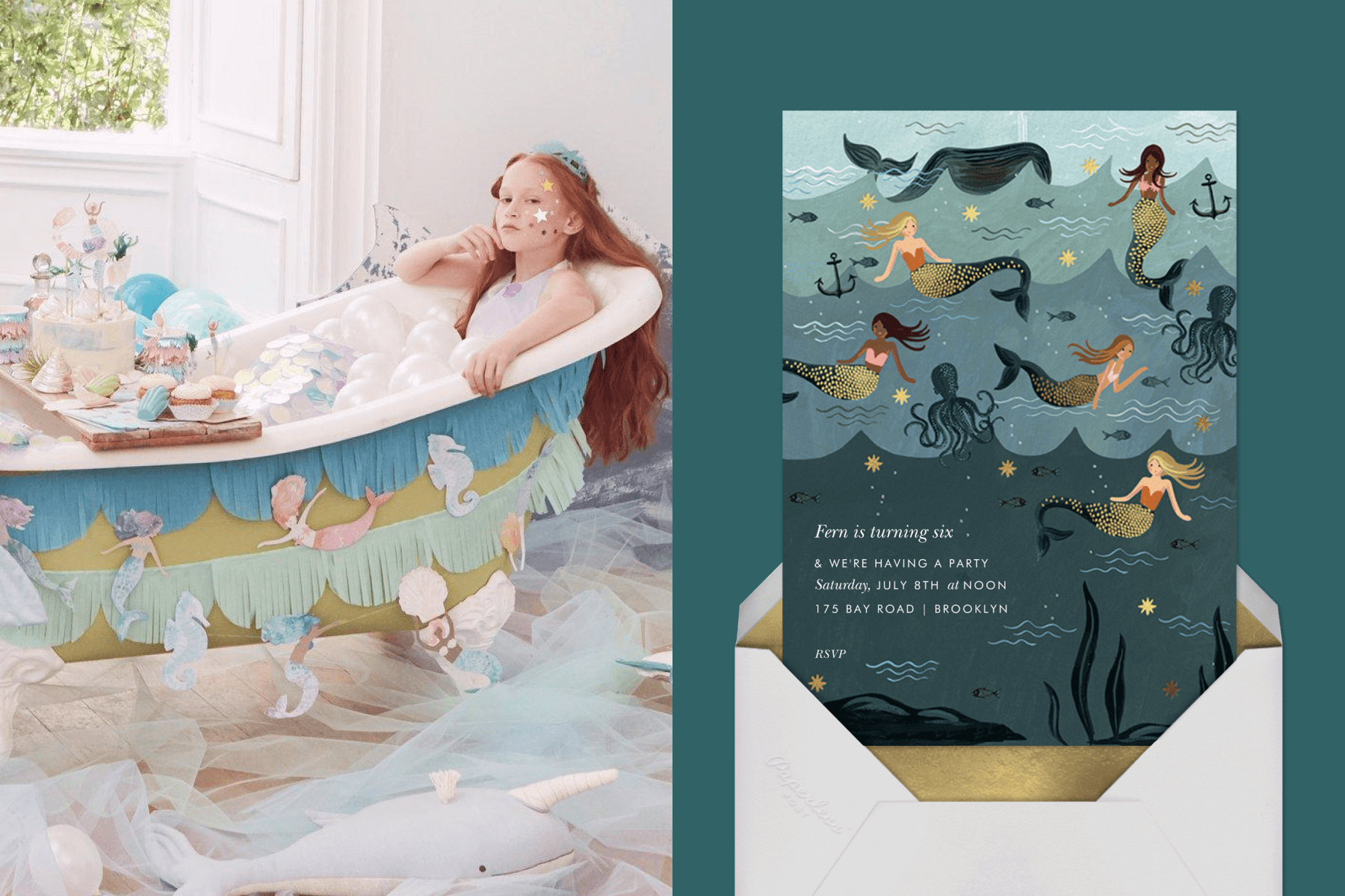A young girl in a claw-foot bath tub decorated with mermaid party supplies. Right: A birthday invitation with mermaids and sea creatures in the ocean.