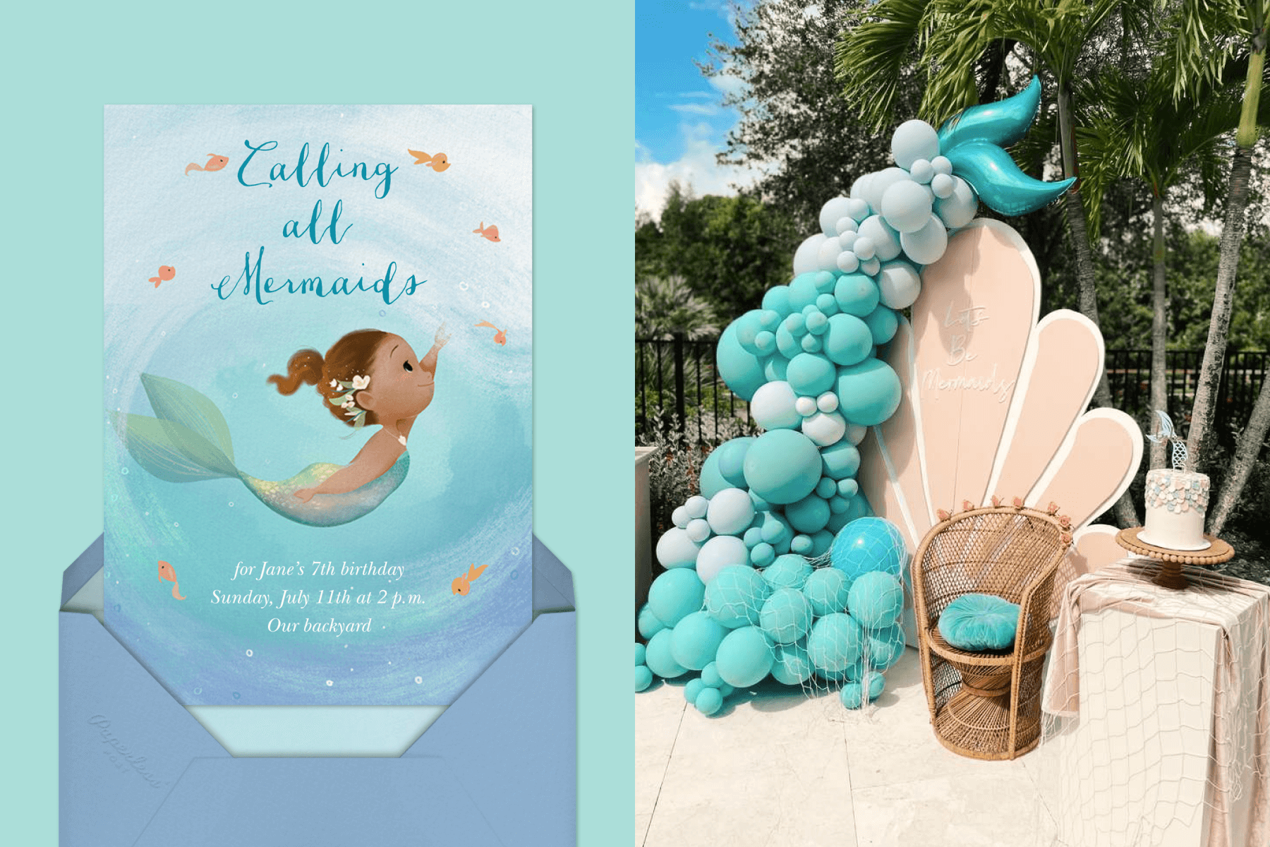An invitation with a child mermaid surrounded by goldfish. Right: Party decor with a blue balloon installation made to resemble a mermaid tail.