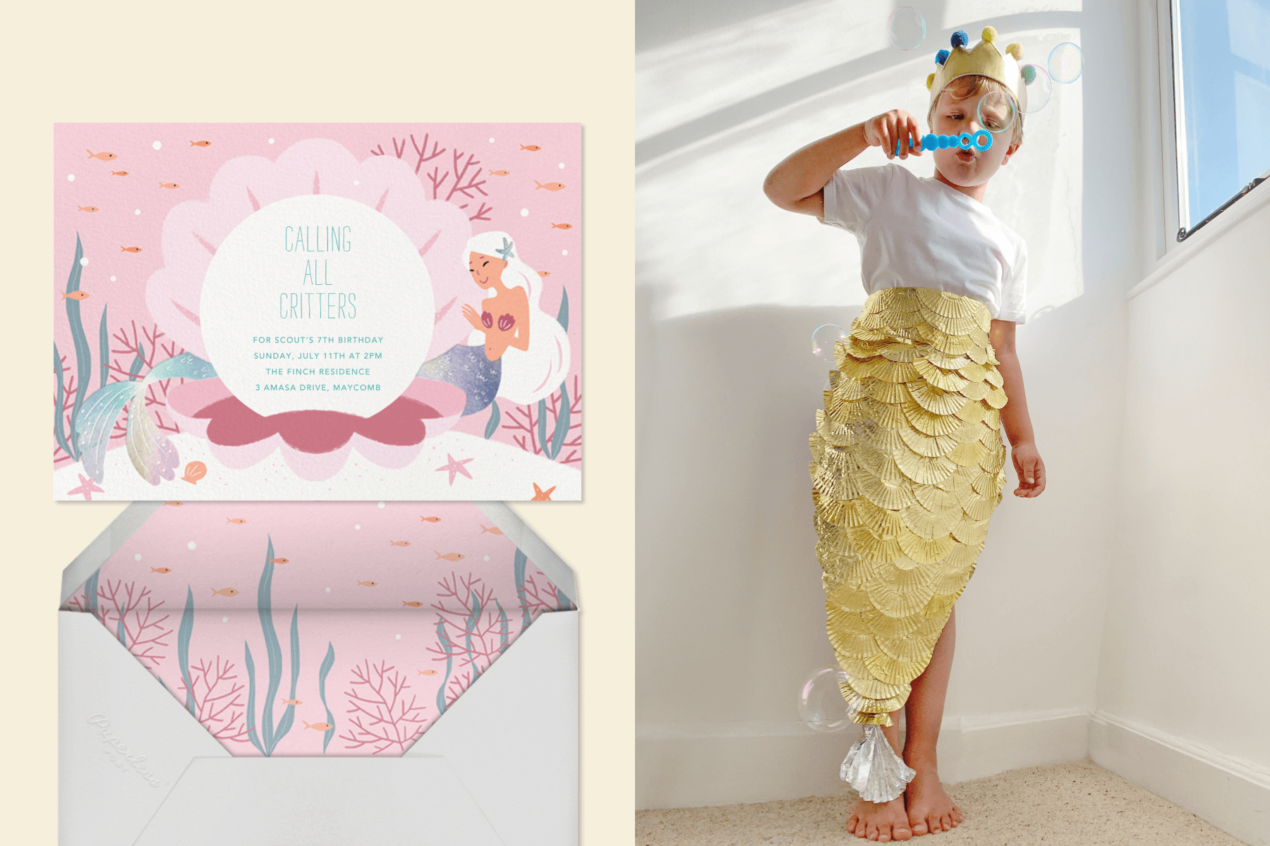 A pink invitation with a mermaid and a large oyster shell with a pearl inside. Right: A child wearing a gold mermaid tail and crown blows bubbles.