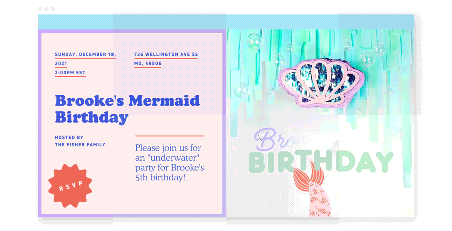 A Flyer invite shows a shimmering scallop pinata and a mermaid tail.