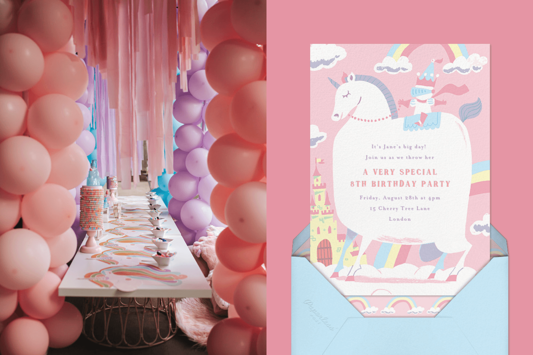 Left: Pink and purple balloon installations surround a party table. Right: A party invitation shows a knight riding a voluptuous unicorn.
