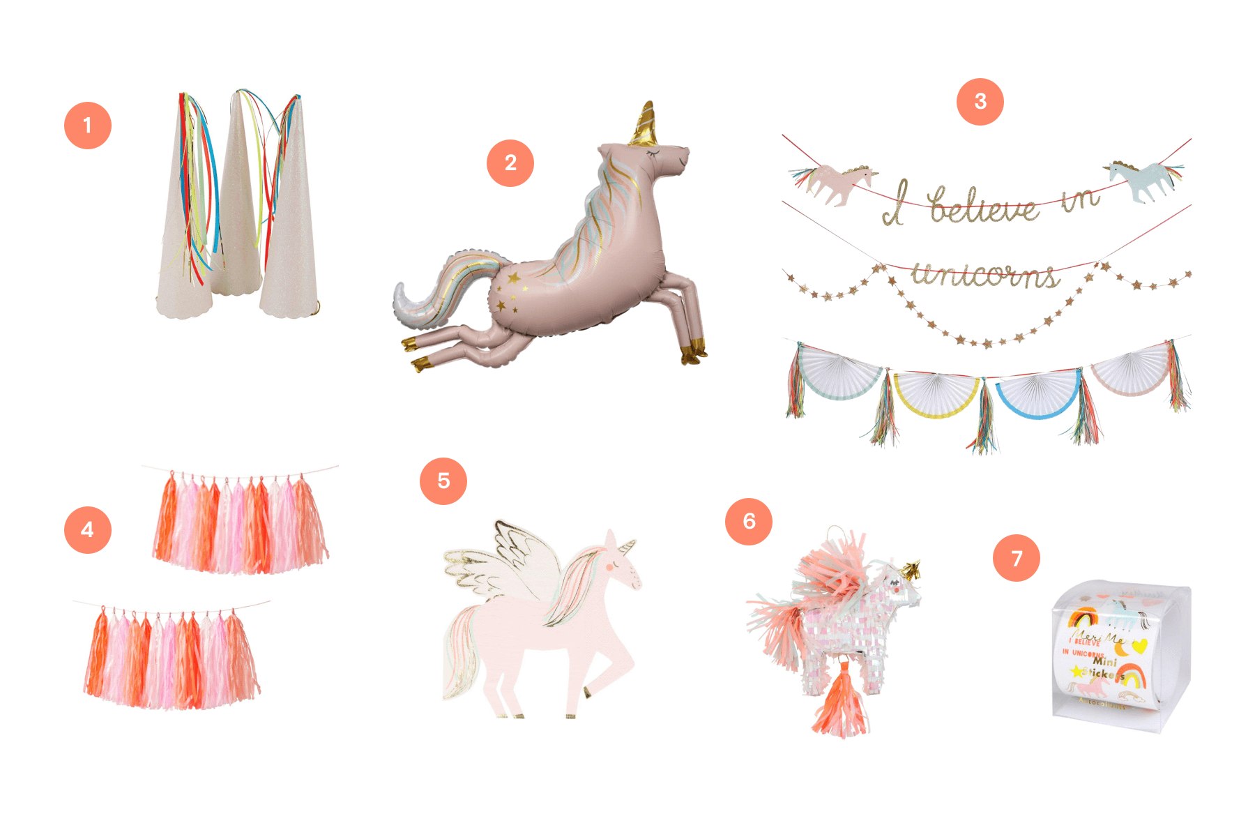 Unicorn-themed party supplies on a white background, including party hats, decor, and temporary tattoos.