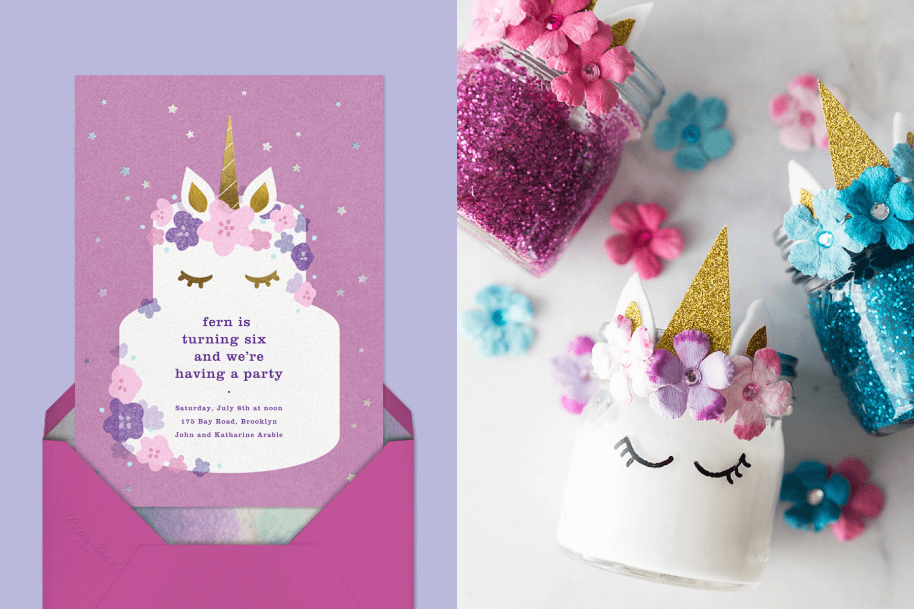 A children’s birthday party invitation shows a two-tiered floral cake with a unicorn horn, ears, and eyelashes. Right: Decorated jars of unicorn slime.