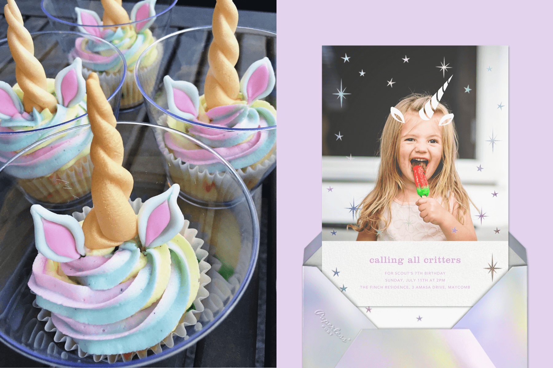 Left: Rainbow cupcakes with unicorn ears and horns. Right: An invitation with a photo of a young girl and illustrated unicorn ears and horn.