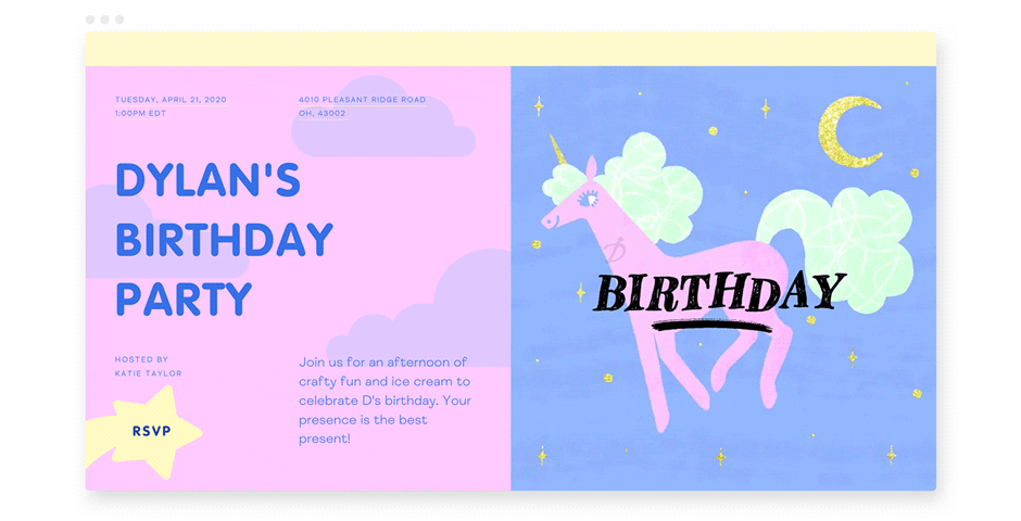 A pink and blue Flyer invitation with a galloping unicorn in the night sky. 