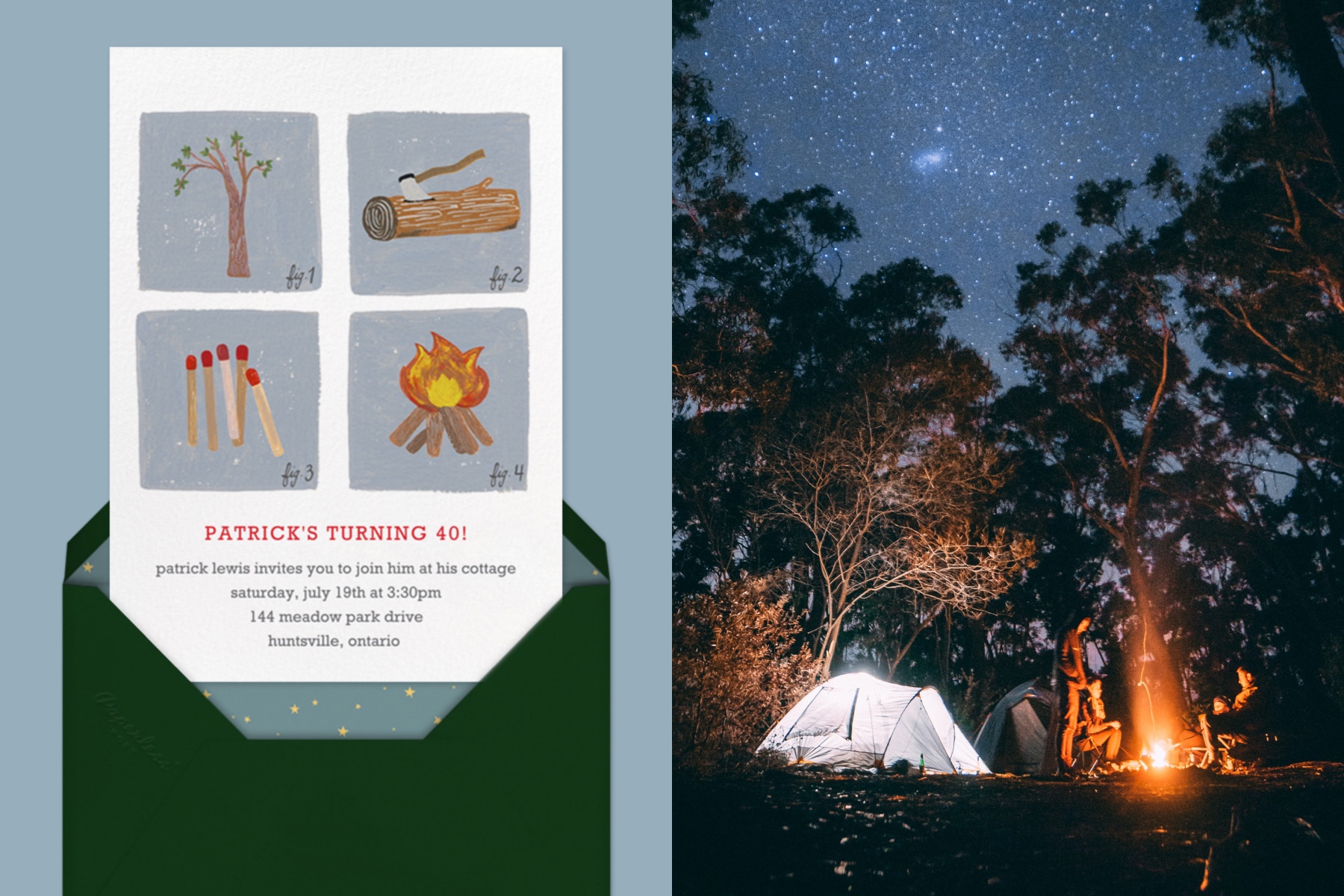 Left: “How to Build a Fire” Invitation by Paperless Post, featuring four illustrations of camping activities | Right: A small group of friends gathered around a campfire at night with a glowing tent nearby.