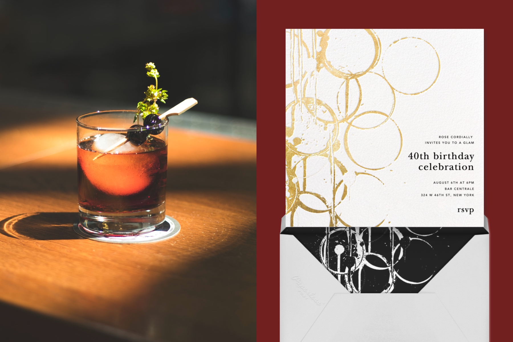 Left: Photo of a cocktail on a wood table | Right: “Bottle Shock - Gold” invitation by Kelly Wearstler for Paperless Post featuring gold circles that look like drink stains on a table.