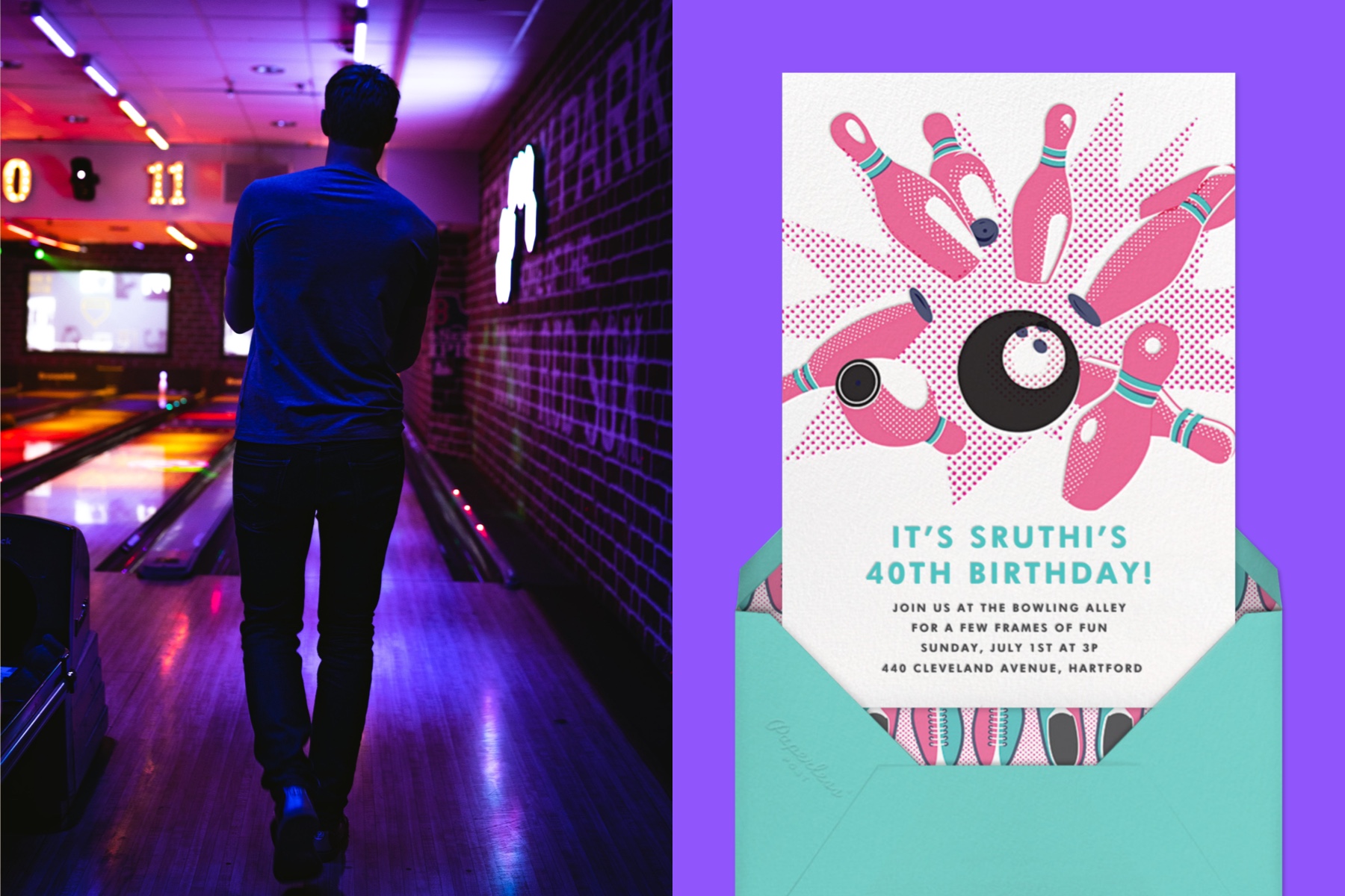 Left: Photo of a man with his back to the viewer at a bowling alley. | Right: “Lucky Strike - Pink” invitation by Hello!Lucky for Paperless Post featuring an illustration of a bowling pall and pins on a purple background.